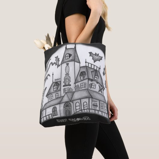 Haunted House en Bats Halloween Tote Bag (Dichtbij)
