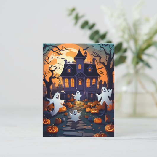Haunted House en Ghost Halloween Briefkaart (Staand voorkant)