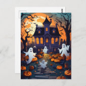 Haunted House en Ghost Halloween Briefkaart (Voorkant / Achterkant)