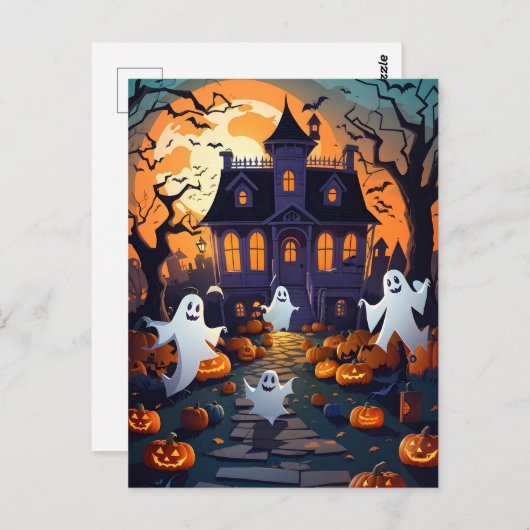 Haunted House en Ghost Halloween Briefkaart (Voorkant / Achterkant)