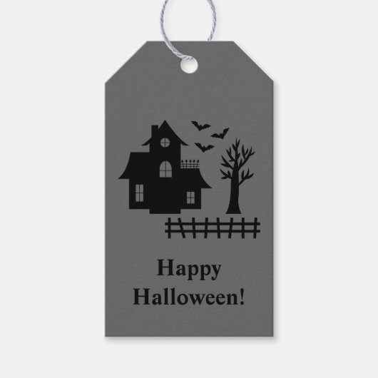 Haunted House en Happy Halloween tekst grijs Cadeaulabel (Voorkant)
