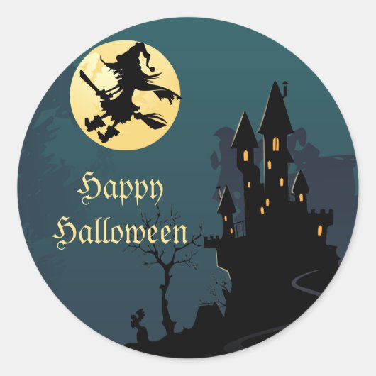 Haunted House en heks Silhouette Ronde Sticker (Voorkant)