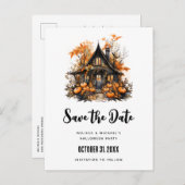 Haunted House en pompoenen Halloween Save the Date Uitnodiging Briefkaart (Voorkant / Achterkant)