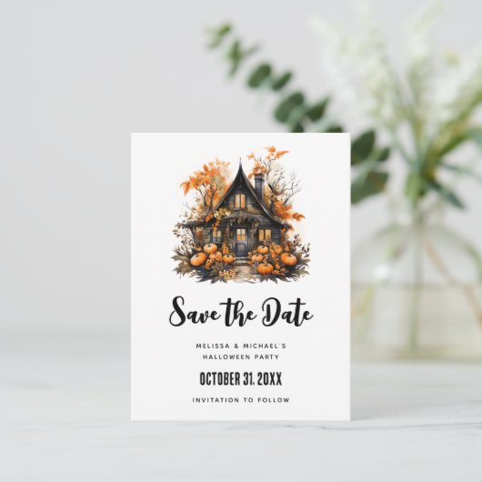 Haunted House en pompoenen Halloween Save the Date Uitnodiging Briefkaart (Staand voorkant)