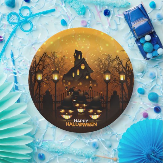 Haunted House en Pumpkins Papieren Bordje (Feest)