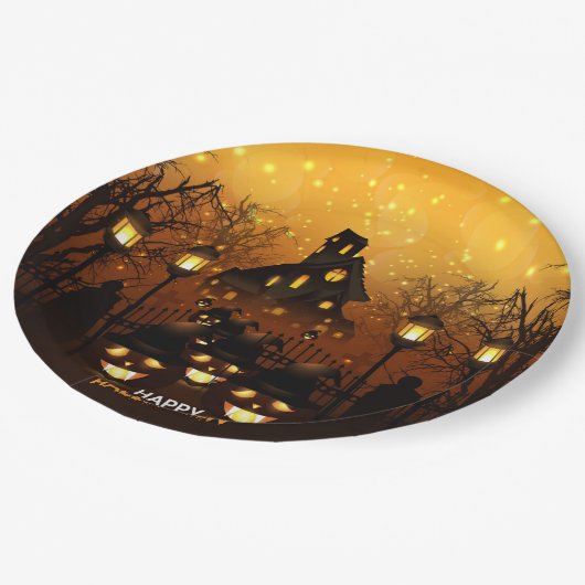 Haunted House en Pumpkins Papieren Bordje (Gekanteld)