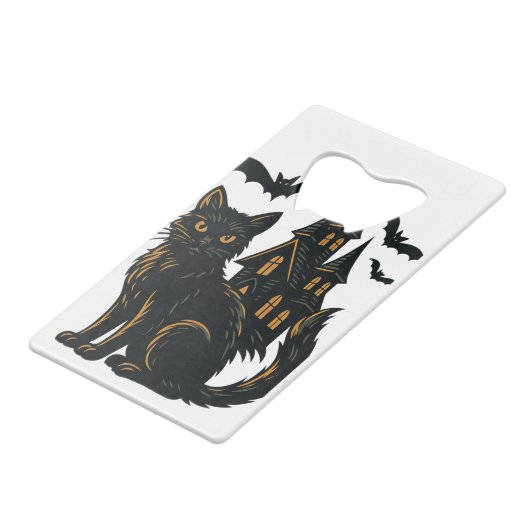 Haunted House en zwarte kat Creditkaart Flessenopener (Voorkant Gekanteld)