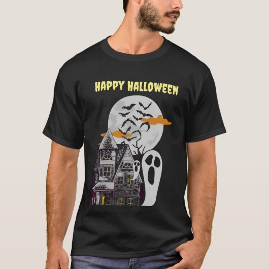 Haunted House & Flying Bats Halloween T-shirt (Voorkant)