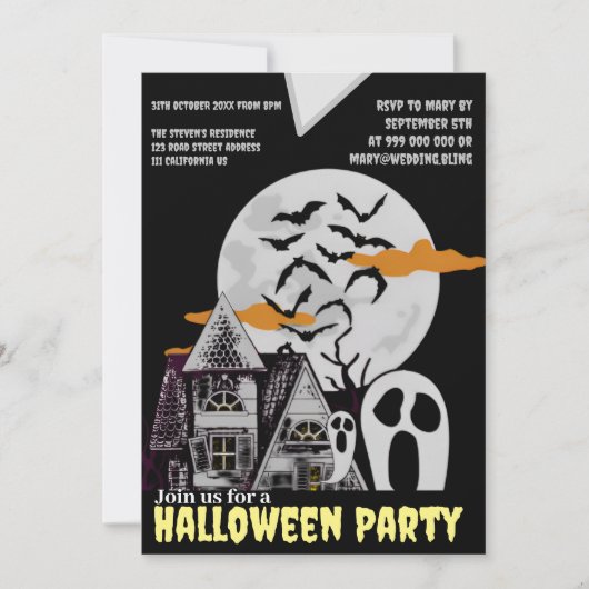 Haunted House & Flying Bats Halloween Uitnodiging (Voorkant)