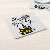 Haunted House Flying Witch Spooky Halloween Kartonnen Onderzetters (Schuin)