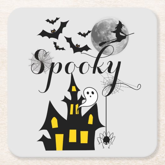 Haunted House Flying Witch Spooky Halloween Kartonnen Onderzetters (Voorkant)