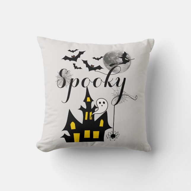 Haunted House Flying Witch Spooky Halloween Kussen (Voorkant)