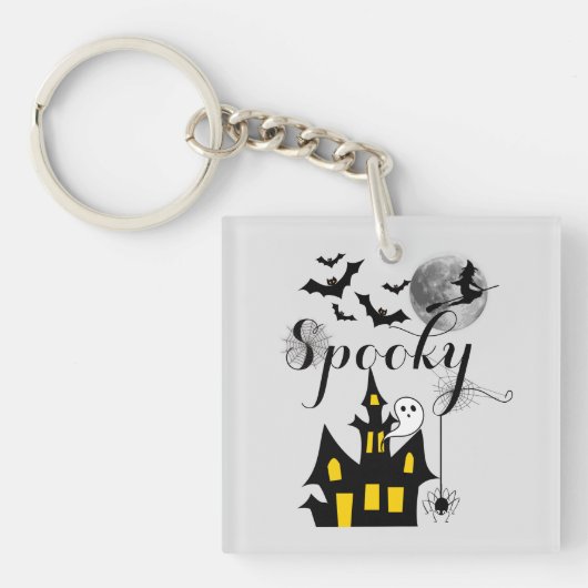 Haunted House Flying Witch Spooky Halloween Sleutelhanger (Voorkant)