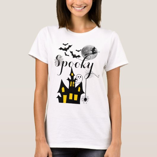 Haunted House Flying Witch Spooky Halloween T-shirt (Voorkant)