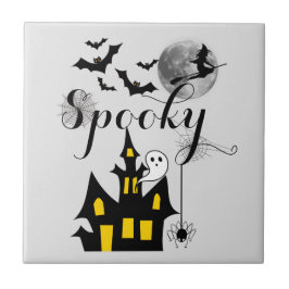 Haunted House Flying Witch Spooky Halloween Tegeltje