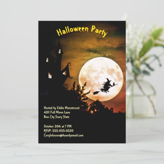 Haunted House Full Moon Witch Halloween Party Kaart (Staand voorkant)