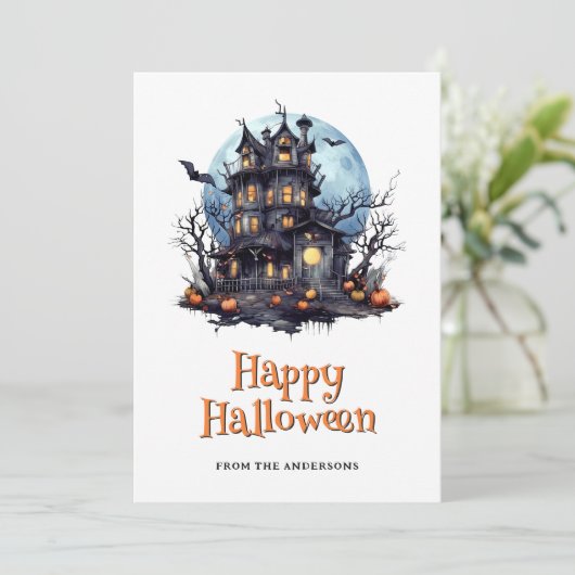 Haunted House Ghost Bats Halloween Kaart (Staand voorkant)
