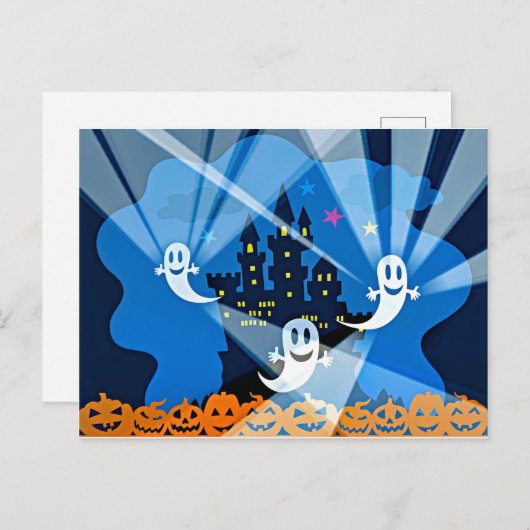 Haunted House, Ghost en Pumpkins Briefkaart (Voorkant / Achterkant)