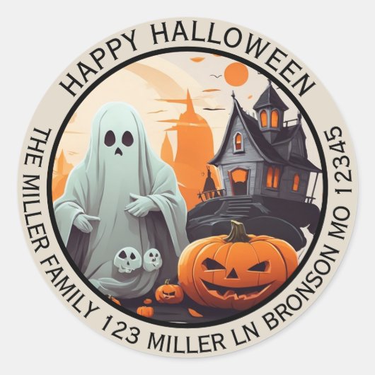 Haunted House, Ghost en Pumpkins Envelope Seal Ronde Sticker (Voorkant)