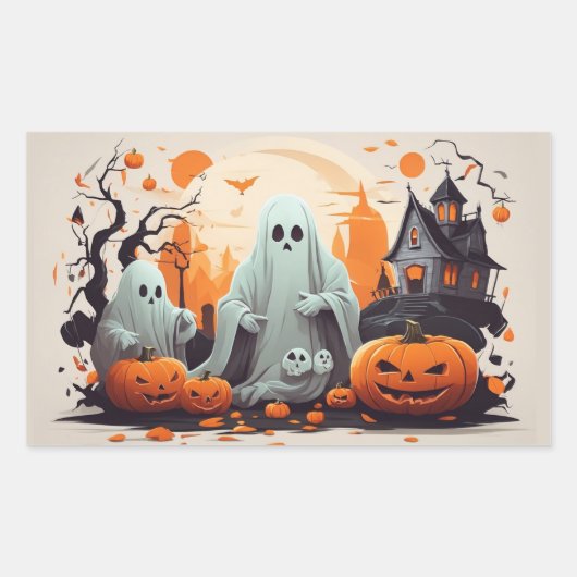 Haunted House, Ghost en Pumpkins Rechthoekige Sticker (Voorkant)