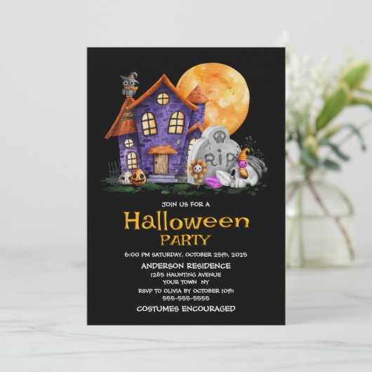 Haunted House Gravestone Halloween Party Kaart (Staand voorkant)