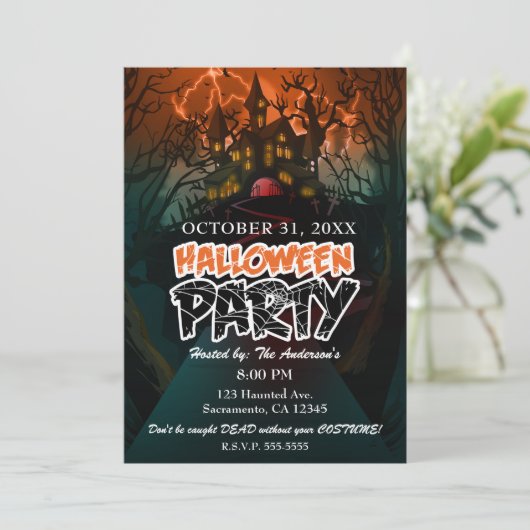 Haunted House Graveyard Halloween Party Kaart (Staand voorkant)