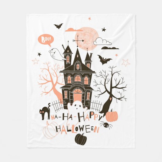 Haunted House "Ha Ha Happy Halloween" Fleece Deken (Voorkant)