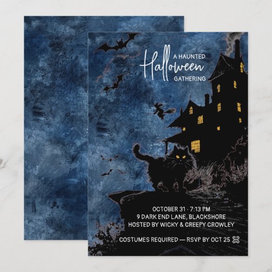 Haunted House Halloween Party Invitation – Blue Save The Date (Voorkant / Achterkant)