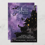Haunted House Halloween Party Invitation – Purple Save The Date (Voorkant / Achterkant)