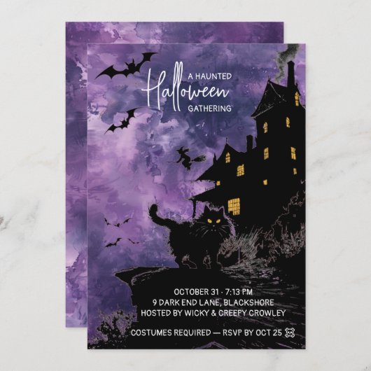 Haunted House Halloween Party Invitation – Purple Save The Date (Voorkant / Achterkant)