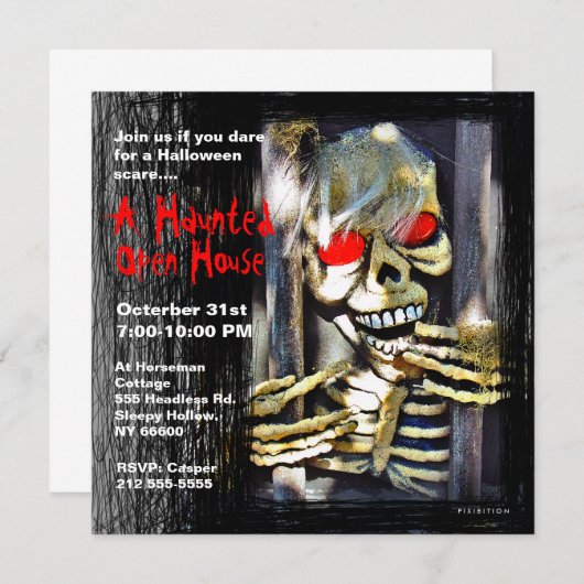 Haunted House Halloween Party Invitation Skeleton Kaart (Voorkant / Achterkant)