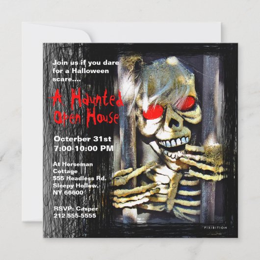 Haunted House Halloween Party Invitation Skeleton Kaart (Voorkant)