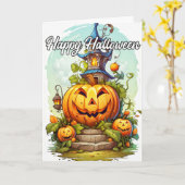 Haunted House & Halloween pompoen Kaart (Gele Bloem)