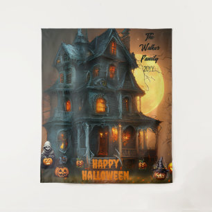 Haunted House Happy Halloween familienaam   Jaar Wandkleed