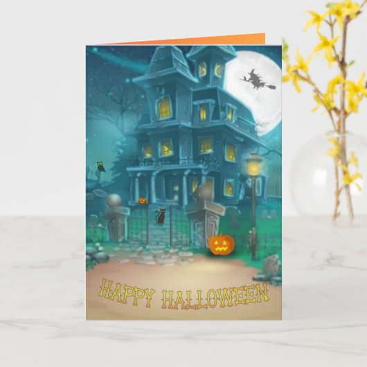 Haunted House Happy Halloween-heks, pompoen, uil Kaart (Gele Bloem)