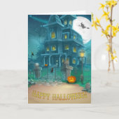 Haunted House Happy Halloween-heks, pompoen, uil Kaart (Gele Bloem)