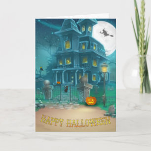Haunted House Happy Halloween-heks, pompoen, uil Kaart