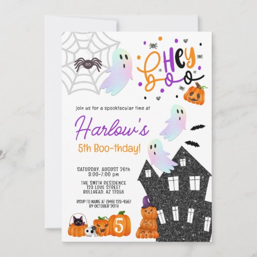 Haunted House Hey Boo Paarse Halloween Verjaardag Kaart (Voorkant)