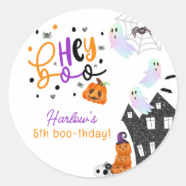 Haunted House Hey Boo Paarse Halloween Verjaardag Ronde Sticker