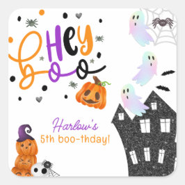 Haunted House Hey Boo Paarse Halloween Verjaardag Vierkante Sticker