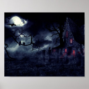Haunted House in de mist en kraaien Poster