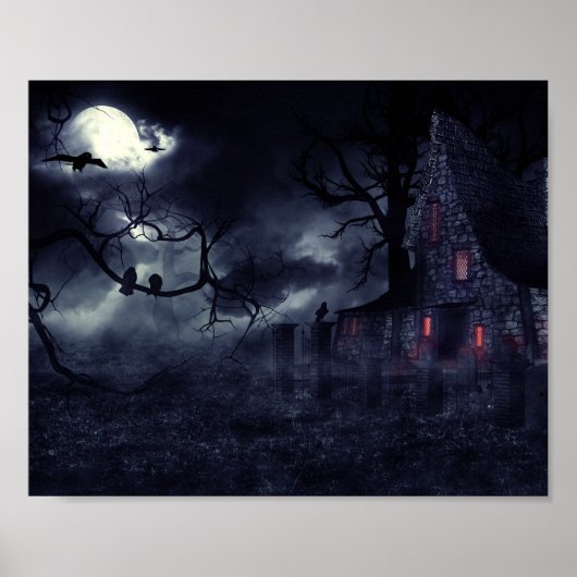 Haunted House in de mist en kraaien Poster (Voorkant)