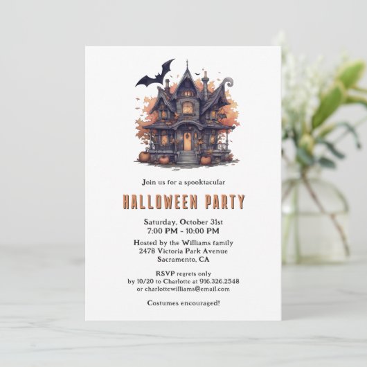 Haunted House Jack-O-Lanterns Moon Halloween Party Kaart (Staand voorkant)