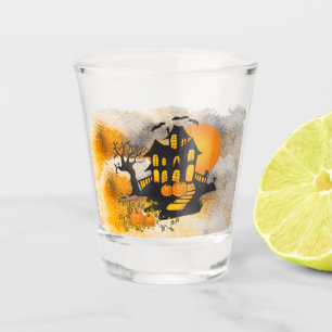 Haunted House Jack O'lantern, Black Cat, Bats Shot Glas