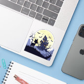 Haunted House Kat - Spooky Halloween Sticker (Laptop met iPhone)