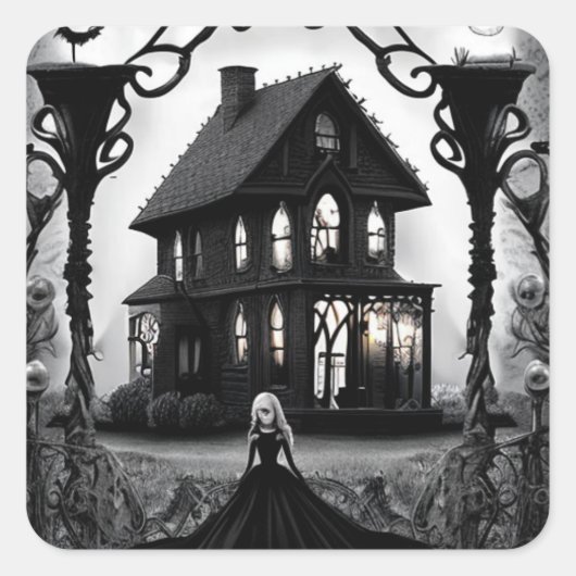 Haunted House met griezelige Ghost Lady Vierkante Sticker (Voorkant)