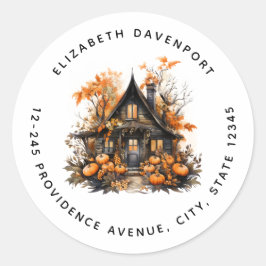 Haunted House met pompoenen Halloween Adres Ronde Sticker