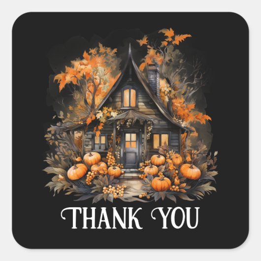 Haunted House met pompoenen Halloween Dank u Vierkante Sticker (Voorkant)