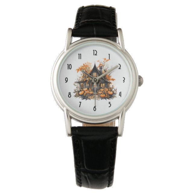 Haunted House met pompoenen Halloween Horloge (Voorkant)