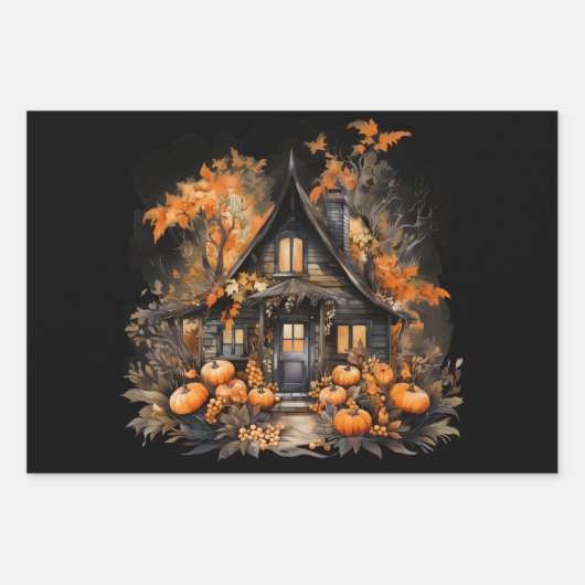 Haunted House met pompoenen Halloween Inpakpapier Vel (Voorkant 3)